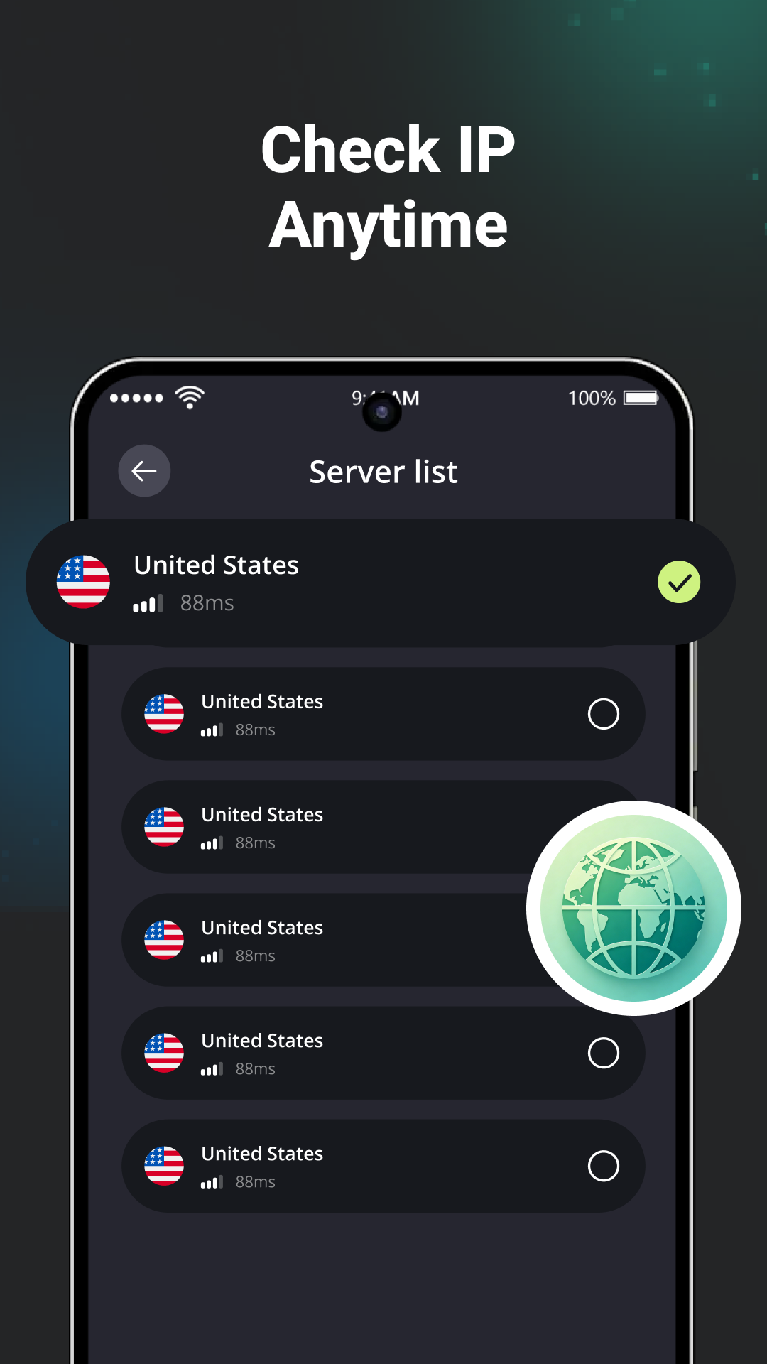 Secure VPN server list screen